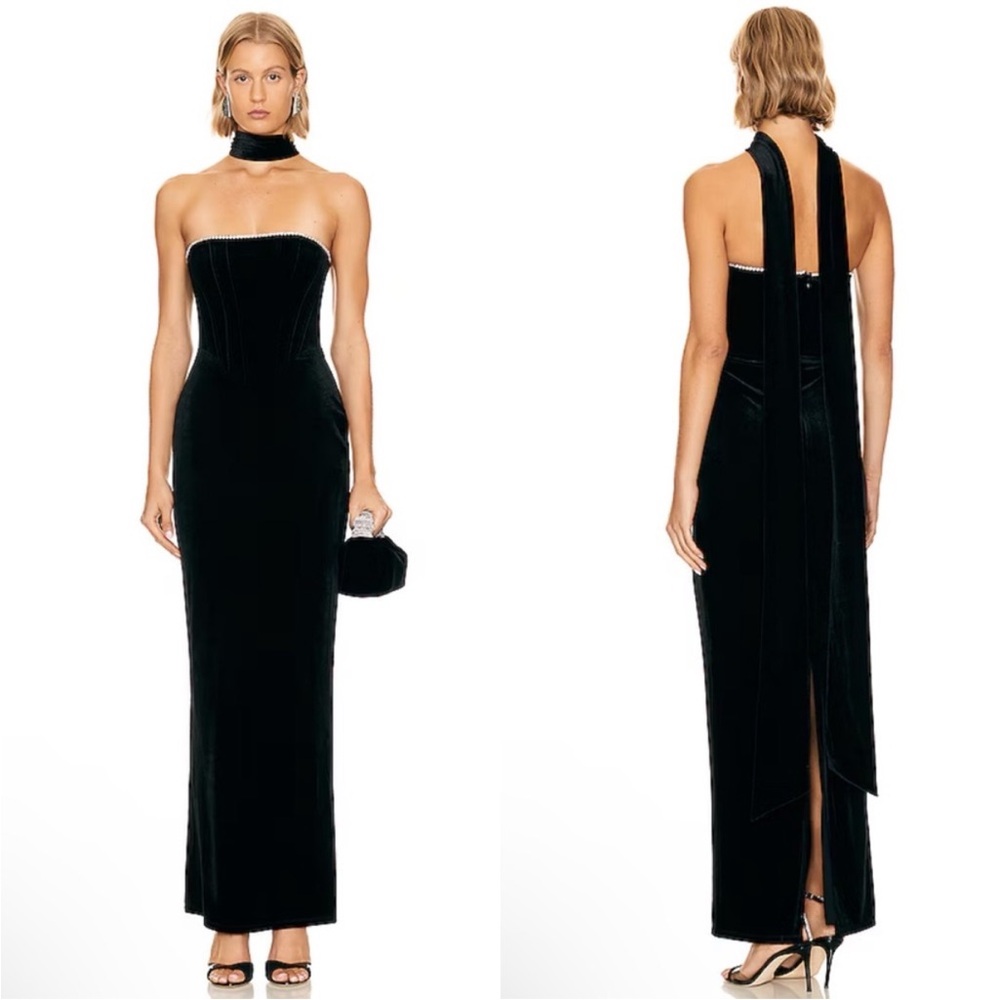 Khanum's Karyln Strapless Black‎ Velvet Maxi Gown With Diamanté Detail